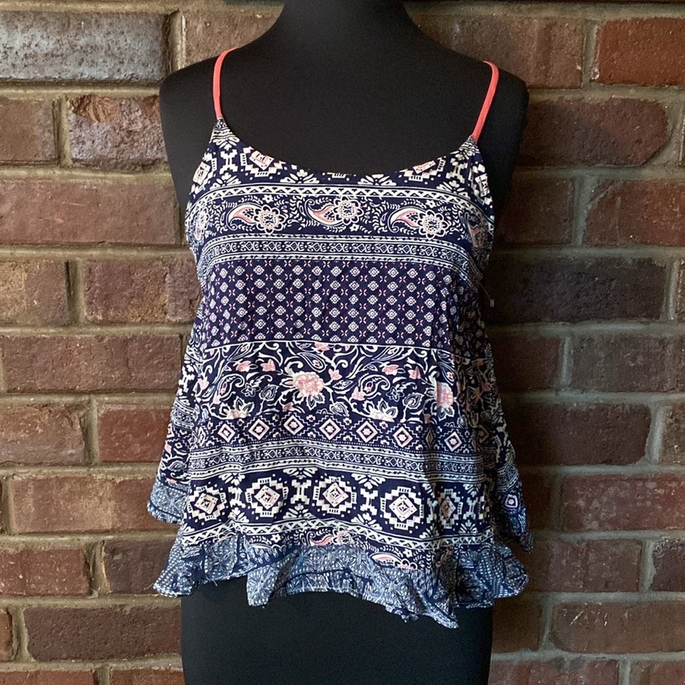 Hem & Thread navy, white and pink floral print‎ halter neck sleeveless tunic top